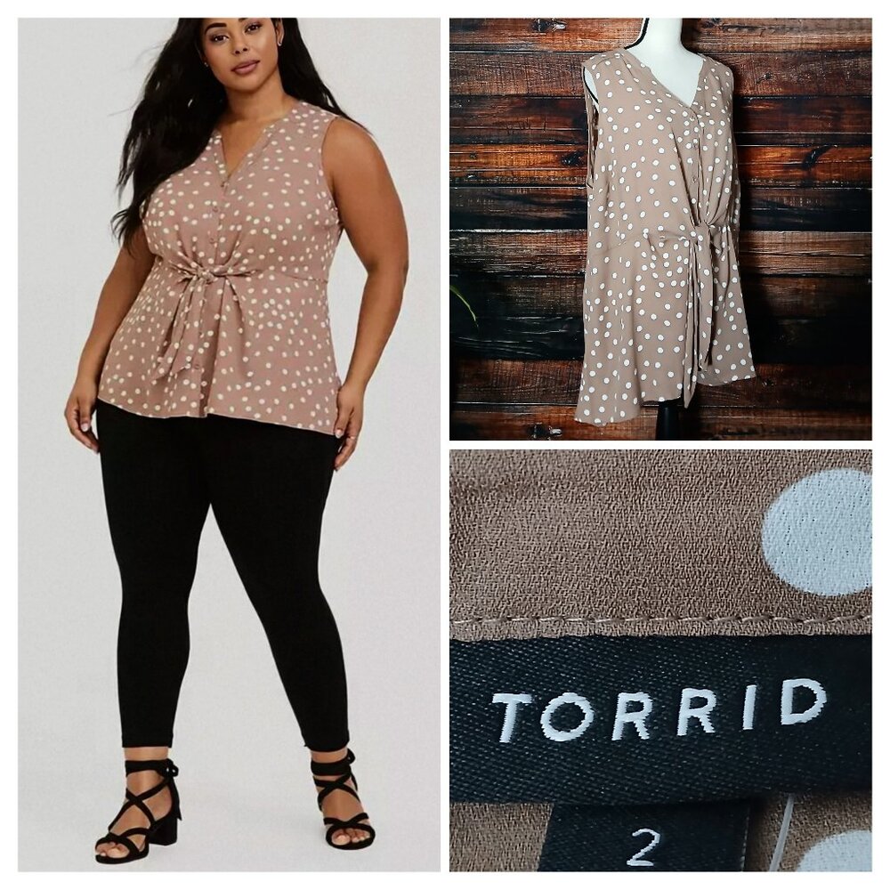 NWT Torrid Top 2 2X Georgette Peplum Tie Button Front Blouse Brown Polka Dot
